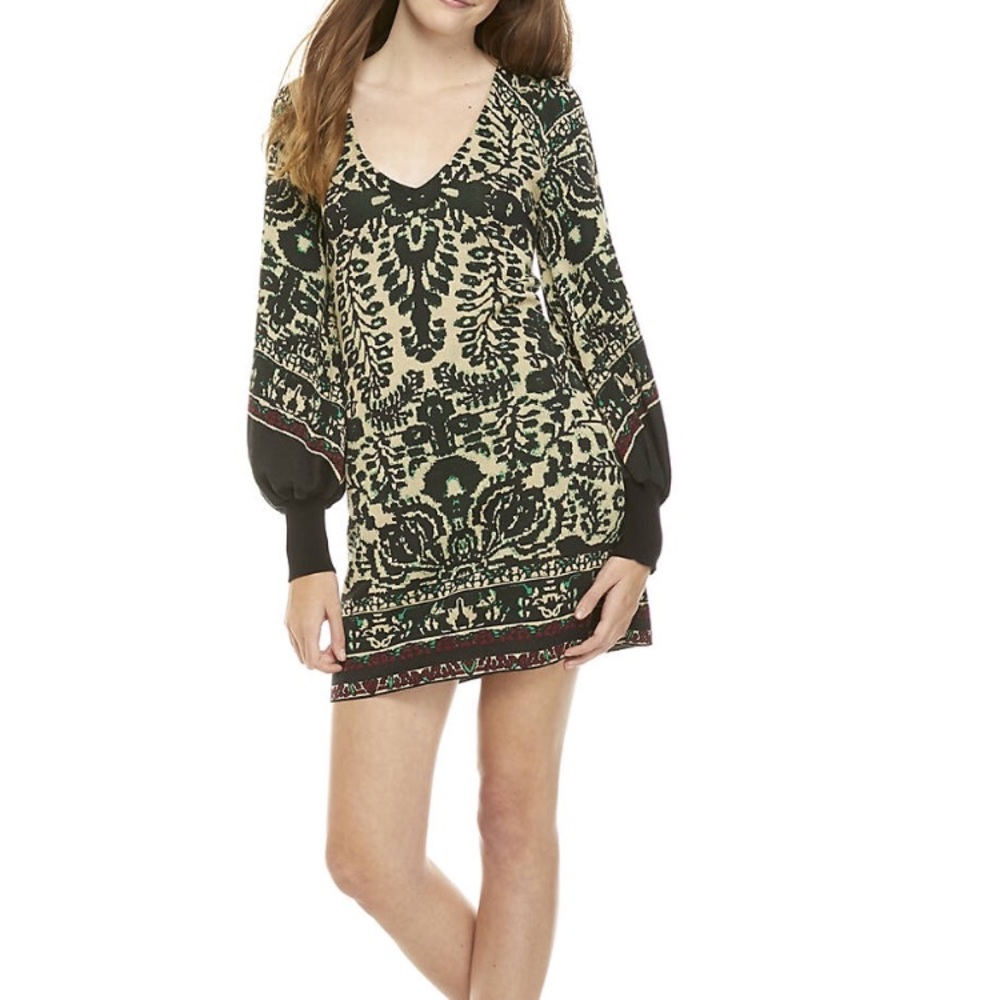 Free People Puff Sleeve Print Mini Sweater Dress